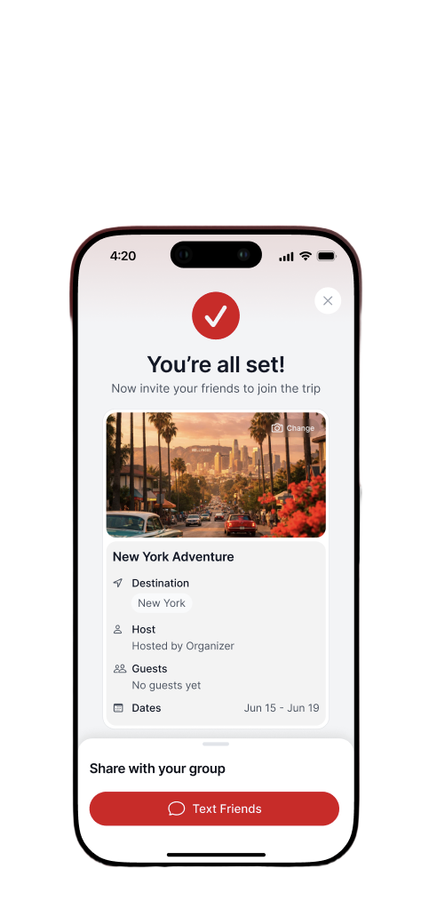 TRYPS trip created screen showing You're all set with a Text Friends button to invite via iMessage