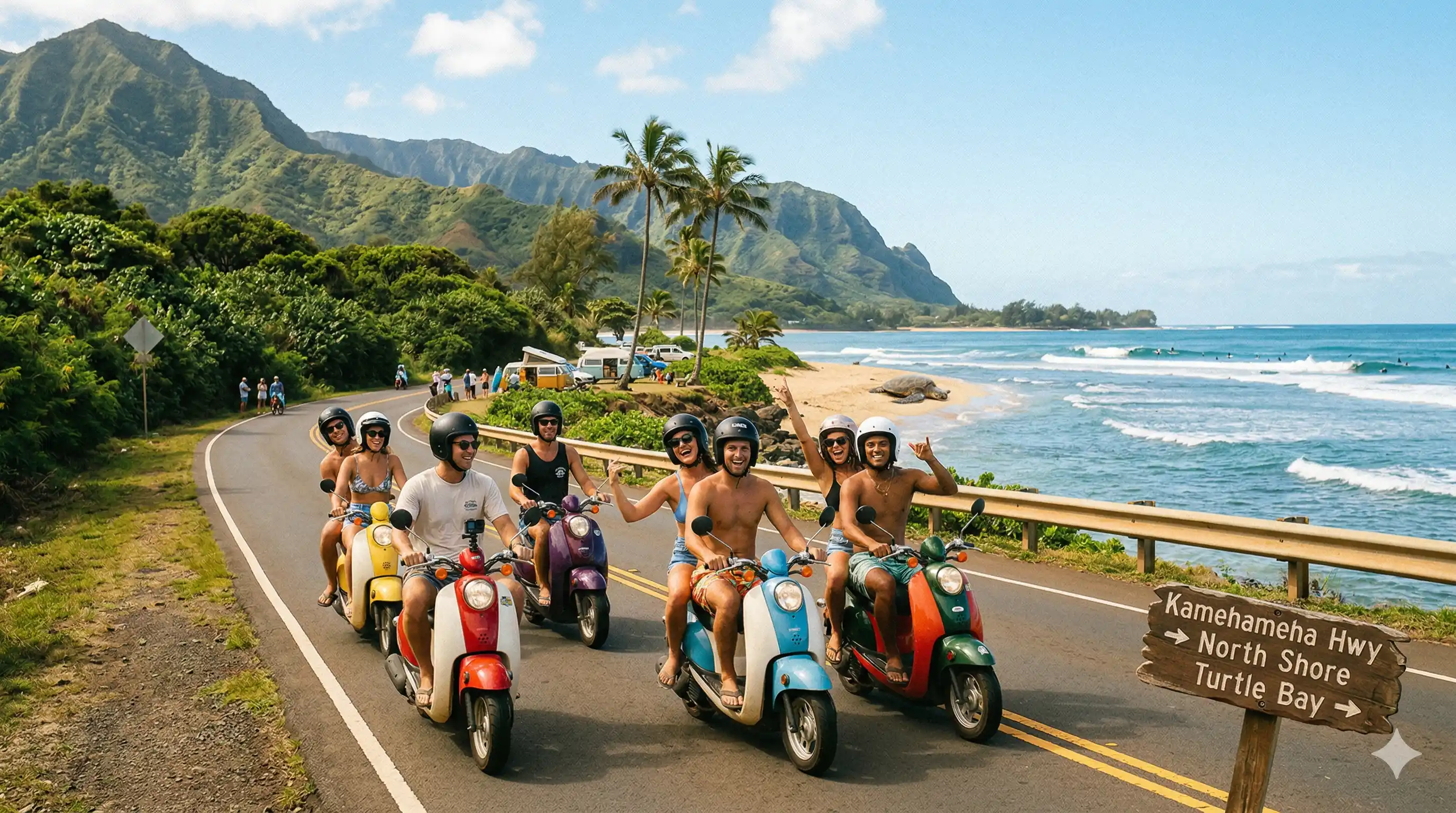 Friends on scooters along Kamehameha Highway toward North Shore and Turtle Bay